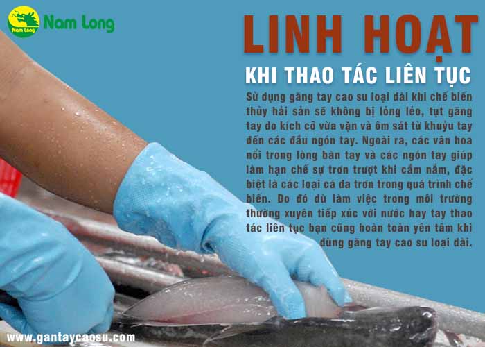 độ linh hoạt khi thao tác của găng tay cao su loại dài khá tốt trong môi trường sản xuất công nghiệp